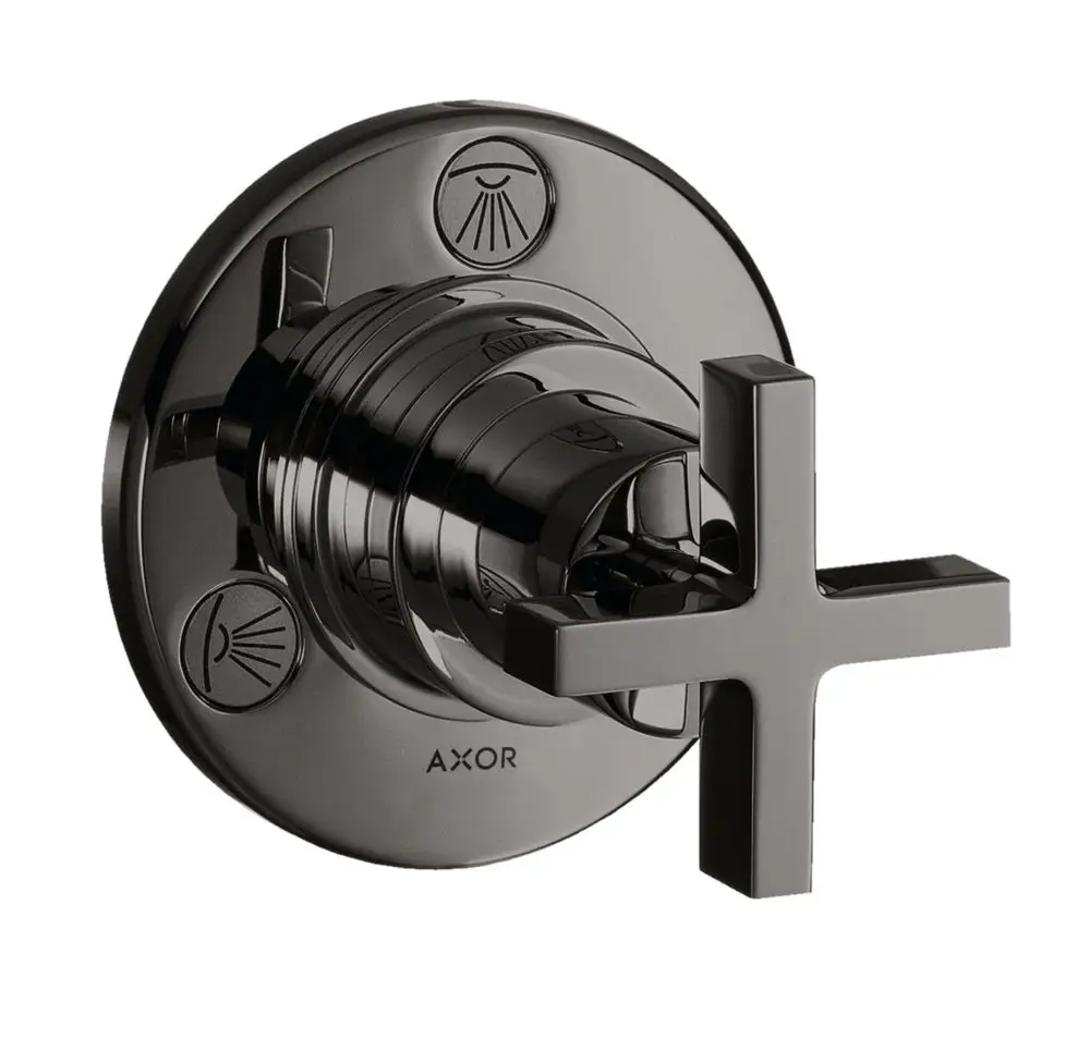 Unterputzventil mit Kreuzgriff in Polished Black Chrome von AXOR, ausgestattet mit Symbolen für Wasser- und Temperatureinstellung.